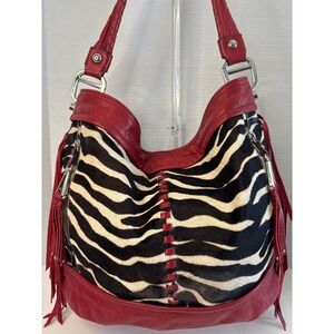 B. Makowsky Red Leather Zebra Calf Hair Fringe Hobo Bag Leopard Lining